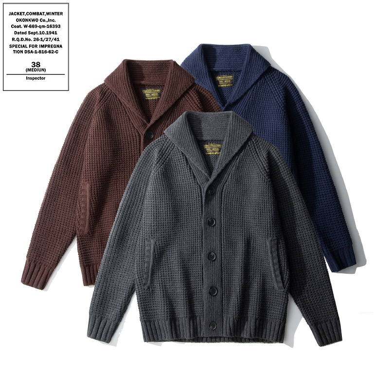 boy OKONKWO Extra Thick Raglan Sleeve Waffle Pattern Wool Cardigan Coat Turn-Down Collar Sweater_voghion.com