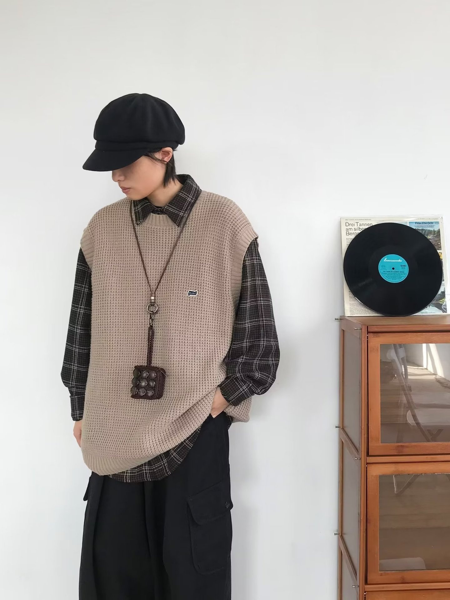 Maglione girocollo unisex in stile college, stile retrò giapponese, autunno inverno, senza maniche, in tinta unita, lavorato a maglia_voghion.com