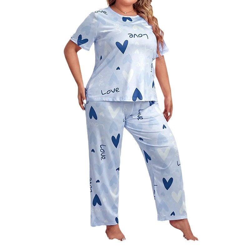 ChicShe Pyjama-Set in Übergröße für Damen: Lange Hose, Kurzarm-T-Shirt mit Herzmuster, 2-teilig, bordeauxrot_voghion.com