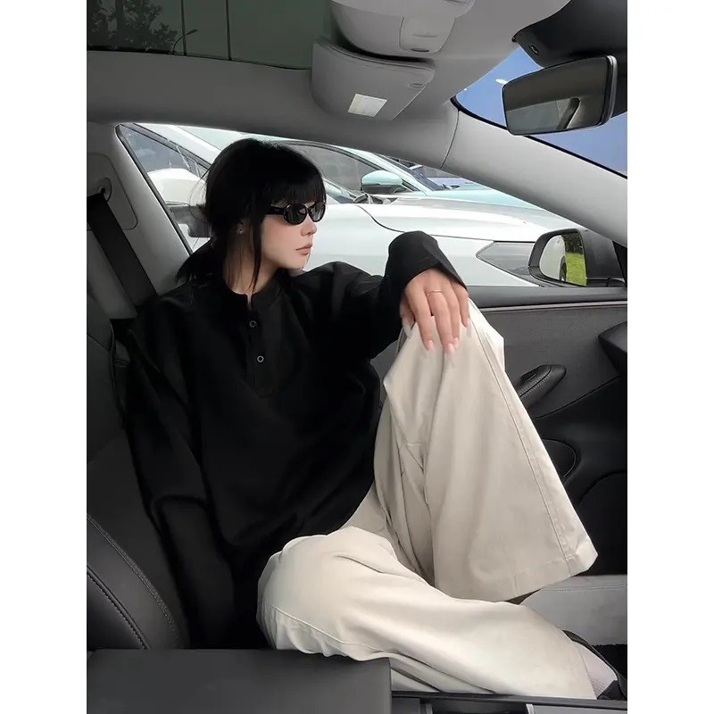 boy Henry Collar Regular Shoulder Sweatshirt For Men, Autumn Cleanfit American Style Deconstructed Patchwork Design Long_voghion.com