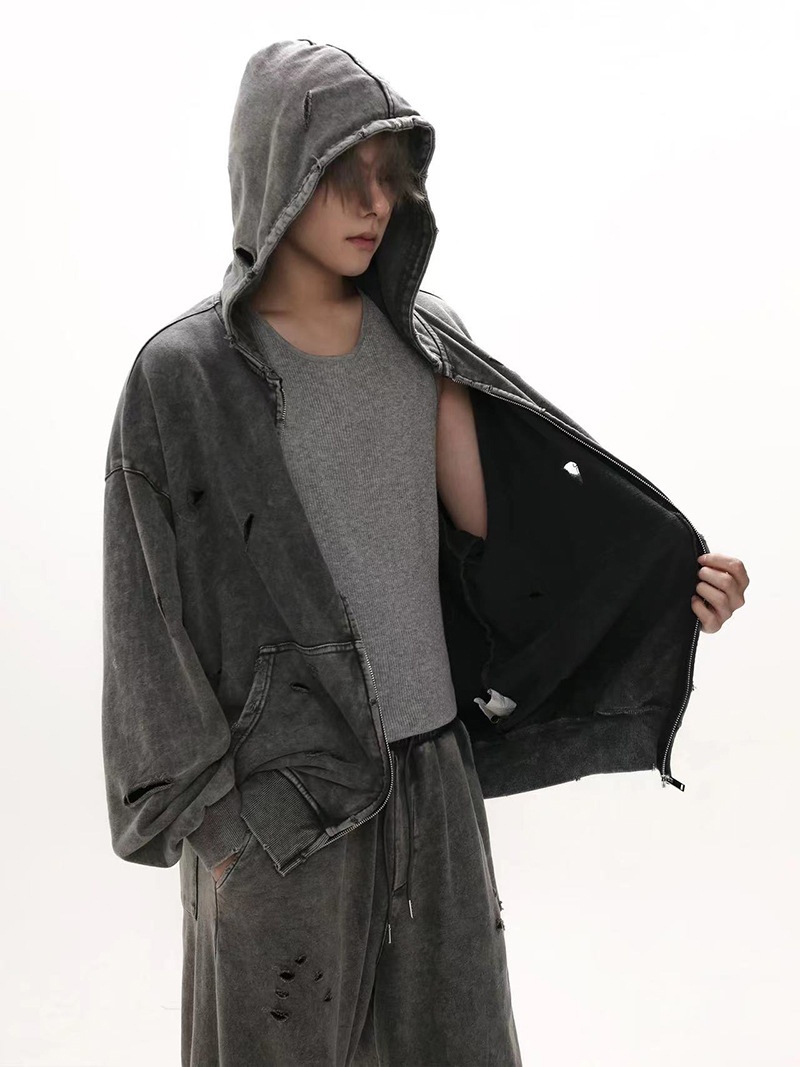 boy European And Autumn Winter Distressed Hooded Sweatshirt For Men, Washed Heavy Loose Fit Versatile Retro Couple Style_voghion.com