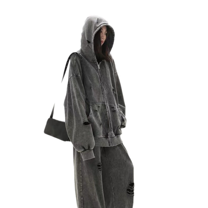 boy European And Autumn Winter Distressed Hooded Sweatshirt For Men, Washed Heavy Loose Fit Versatile Retro Couple Style_voghion.com