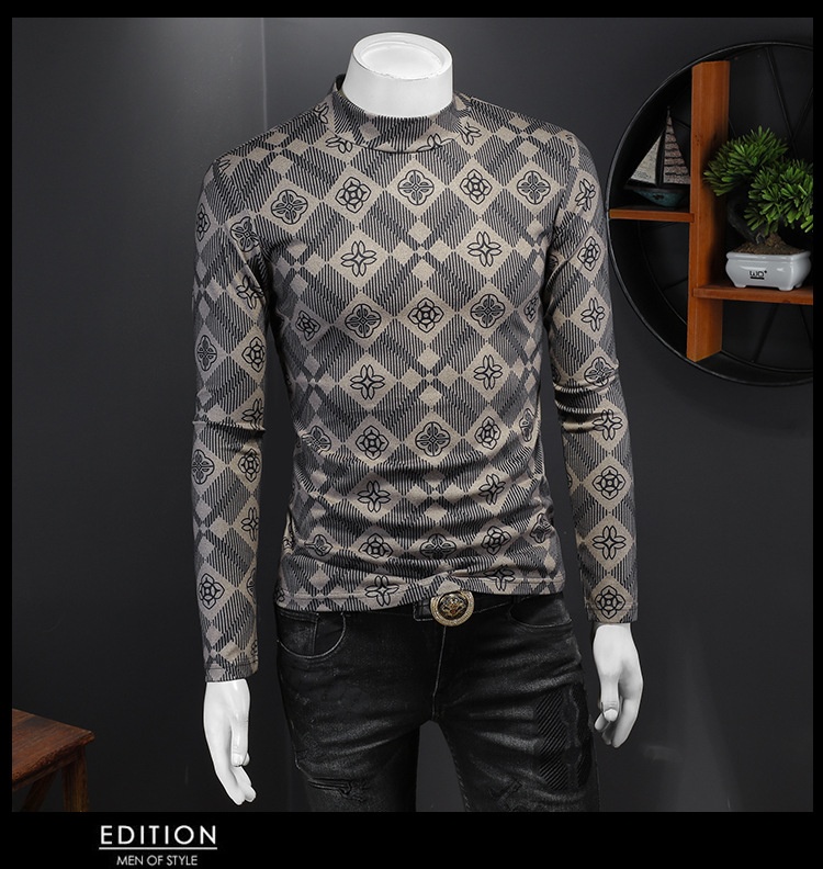 boy Europe Station 2023 Autumn Winter New Men's High Neck Base Shirt Plus Size Printed Casual Korean Style Slim Fit Pullover_voghion.com