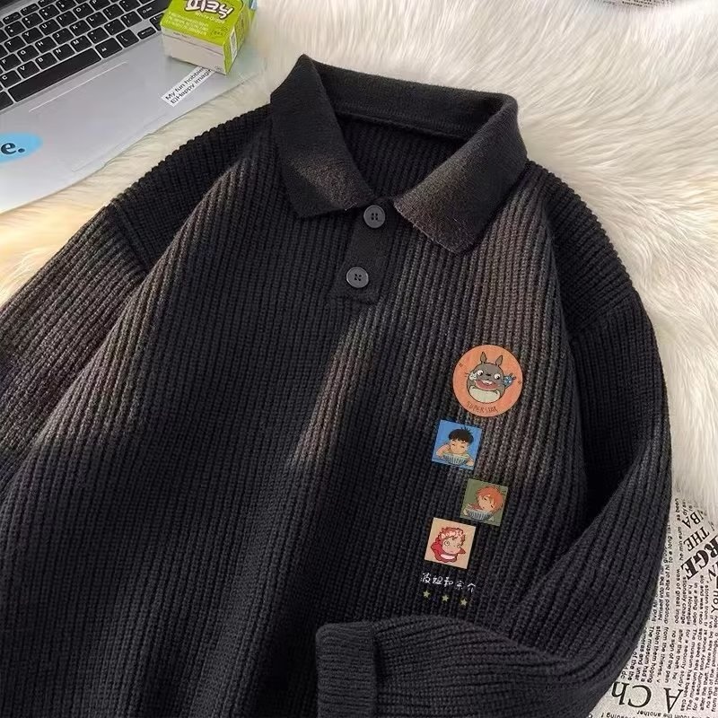 Schwarzer Polo-Pullover mit Cartoon-Motiv für Jungen, Herren, Herbst/Winter, dick gefüttert, lässig, Strickware_voghion.com