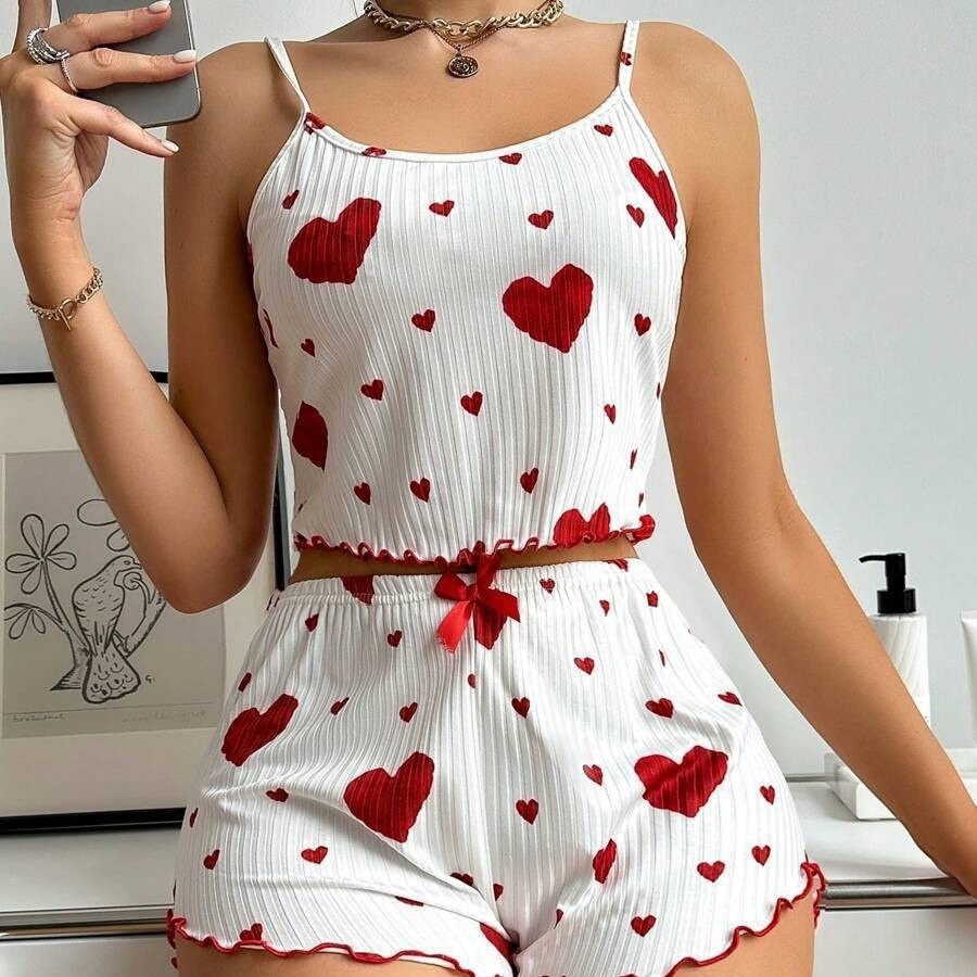 ChicShe 2024 New Home European And American Style Sweet Heart Print Knitted Ribbed Strap Shorts Loungewear Casual Comfortable_voghion.com