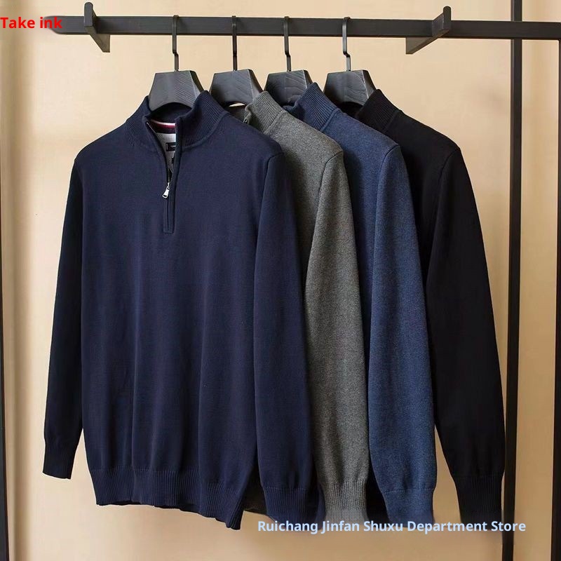 boy Stand Collar Fashion Men's Half Turtleneck Sweater Autumn Winter Trendy Casual Zipper Warm Knitted Jacket_voghion.com