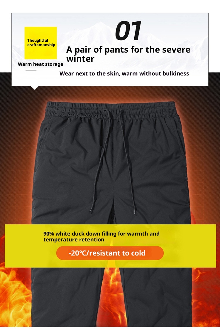 001 Outdoor Softshell Men Winter Fleece Lined Thickened Ski Warm 90% White Duck Down Travel Hiking Long Pants_voghion.com