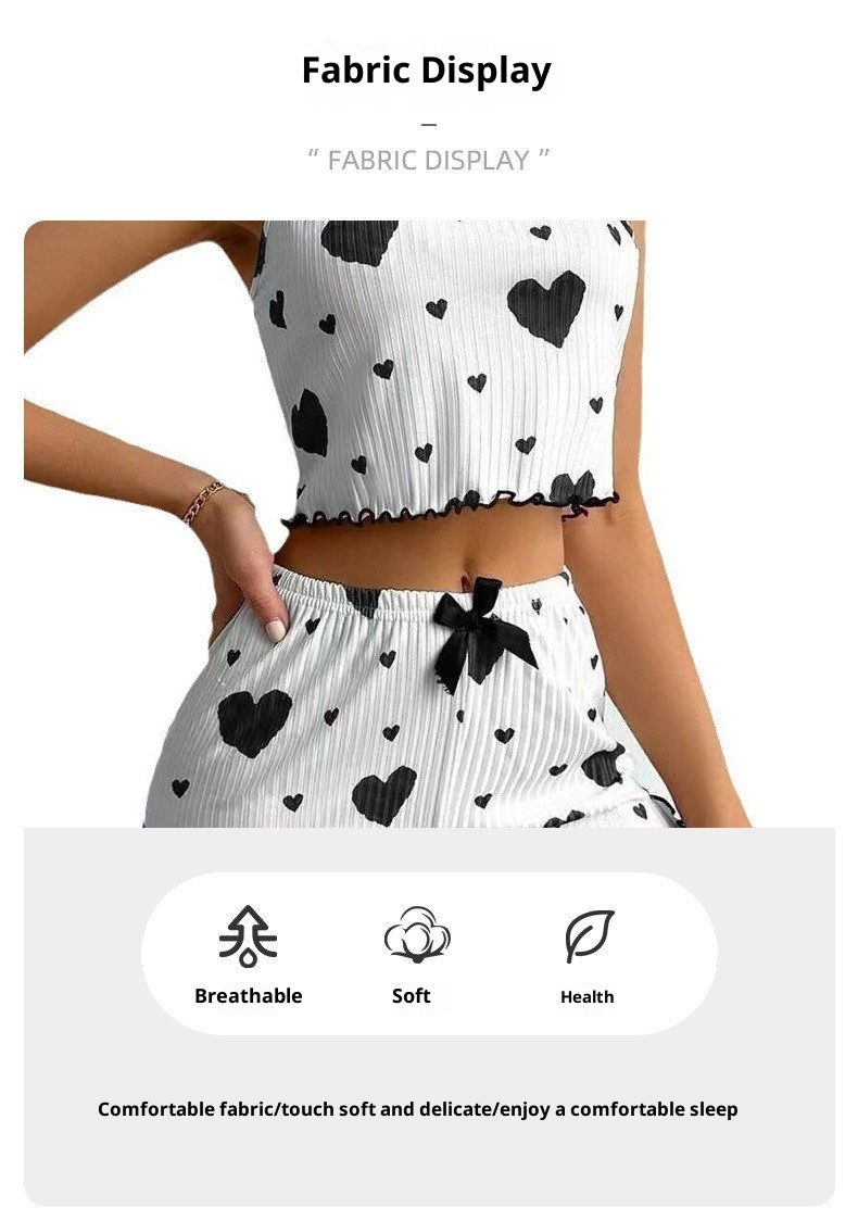 ChicShe 2024 New Home European And American Style Sweet Heart Print Knitted Ribbed Strap Shorts Loungewear Casual Comfortable_voghion.com