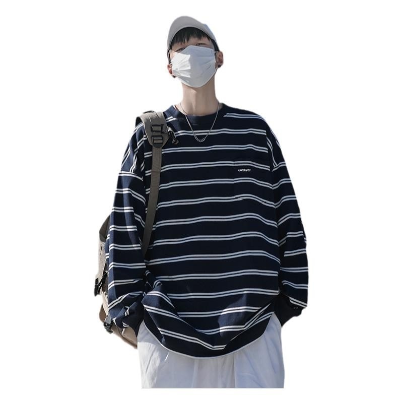 boy Hong Kong Japanese Striped Long Sleeve T-Shirt Trendy Brand Cool Style Men's Spring Autumn Base Shirt Ins Trend High_voghion.com