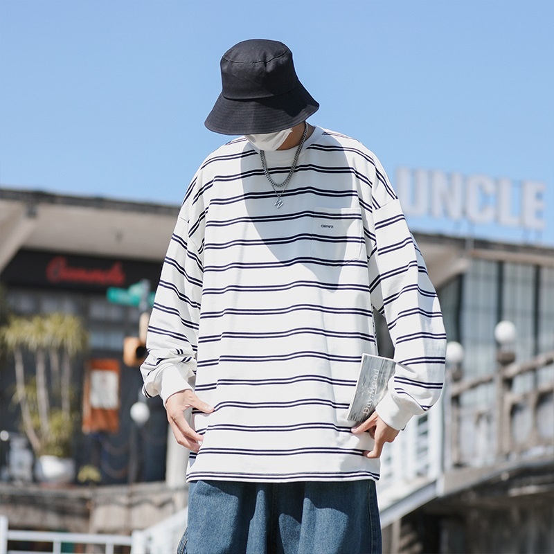 boy Hong Kong Japanese Striped Long Sleeve T-Shirt Trendy Brand Cool Style Men's Spring Autumn Base Shirt Ins Trend High_voghion.com