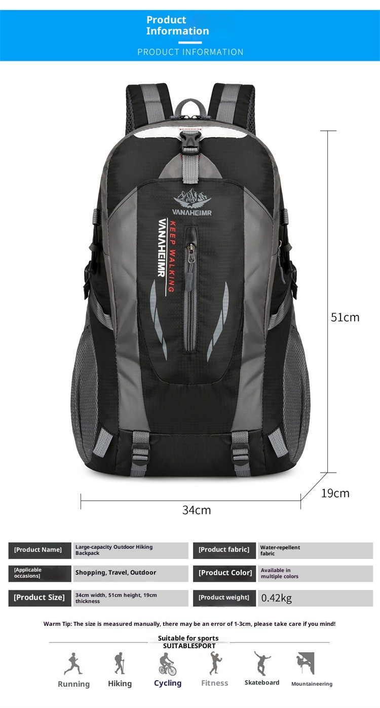 Sac à dos de randonnée ActiveGo Outdoor, respirant et imperméable, grande capacité, idéal pour le camping et les pique-niques, pour homme. Sac à dos de sport décontracté._voghion.com