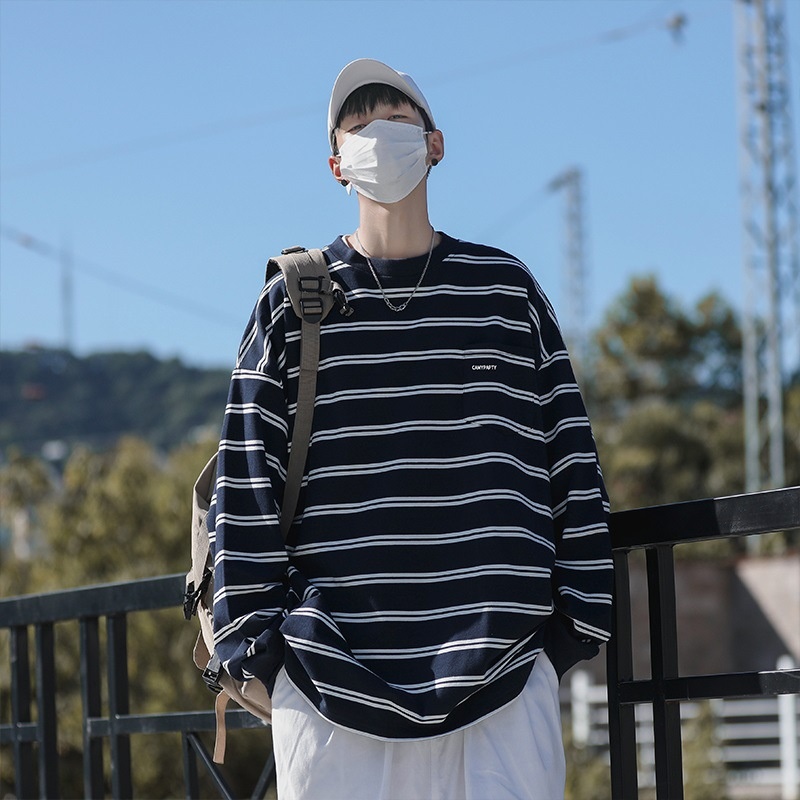 boy Hong Kong Japanese Striped Long Sleeve T-Shirt Trendy Brand Cool Style Men's Spring Autumn Base Shirt Ins Trend High_voghion.com