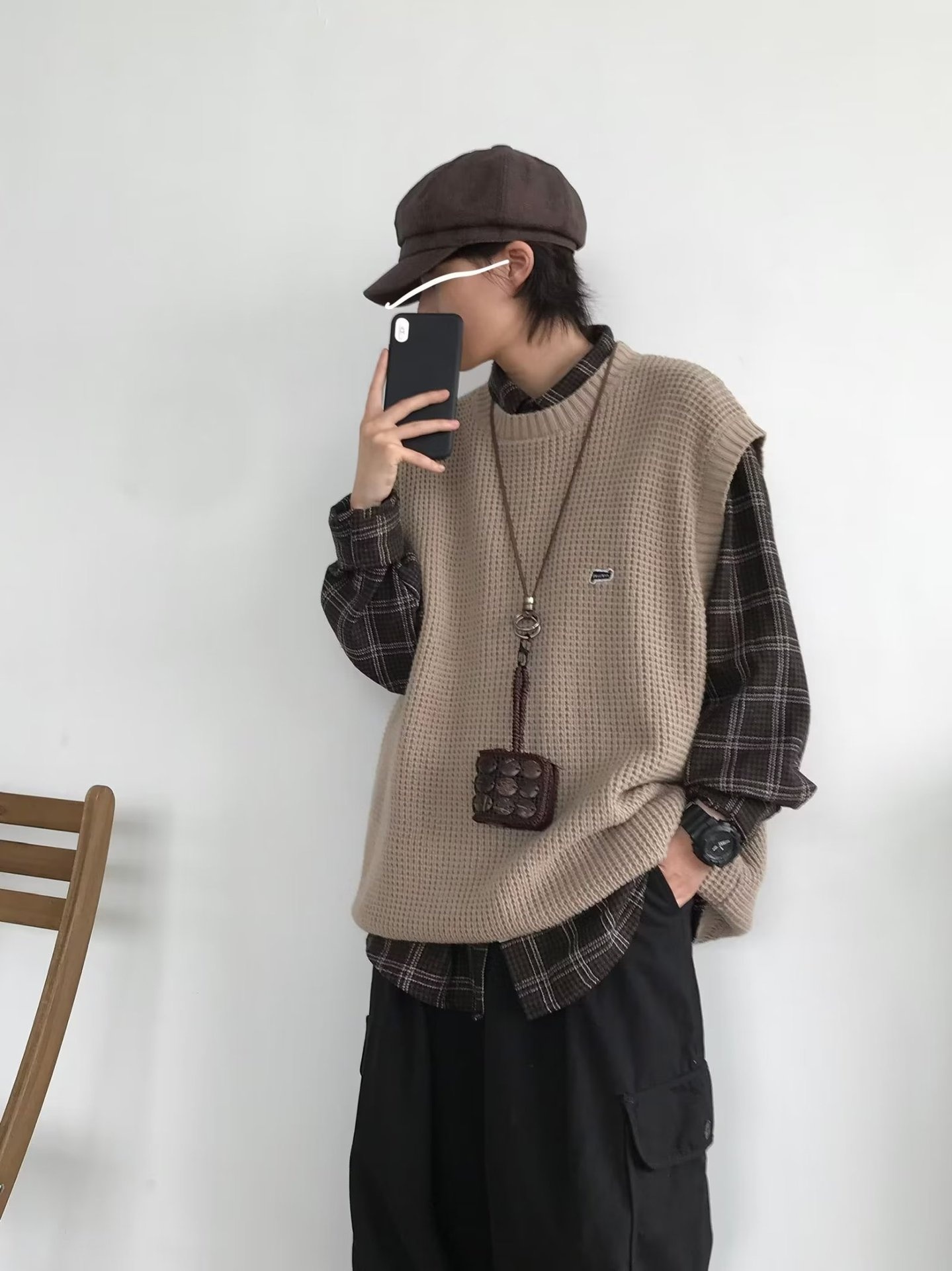 Maglione girocollo unisex in stile college, stile retrò giapponese, autunno inverno, senza maniche, in tinta unita, lavorato a maglia_voghion.com