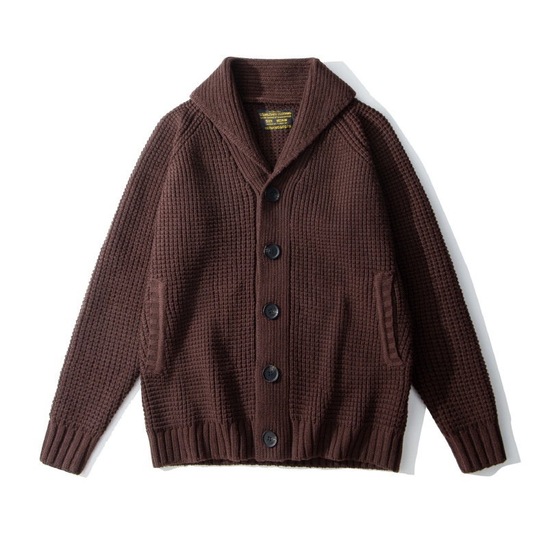 boy OKONKWO Extra Thick Raglan Sleeve Waffle Pattern Wool Cardigan Coat Turn-Down Collar Sweater_voghion.com
