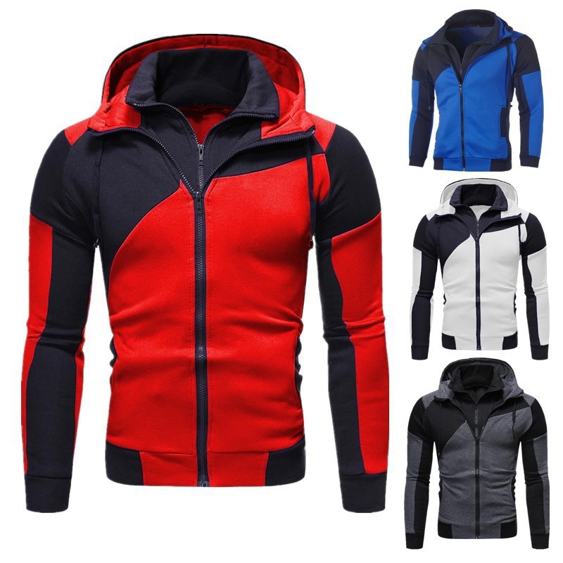 boy New Men's Personalized Color Block Double-layer Zipper Hoodie Autumn Winter Fleece Casual Sports Cardigan_voghion.com