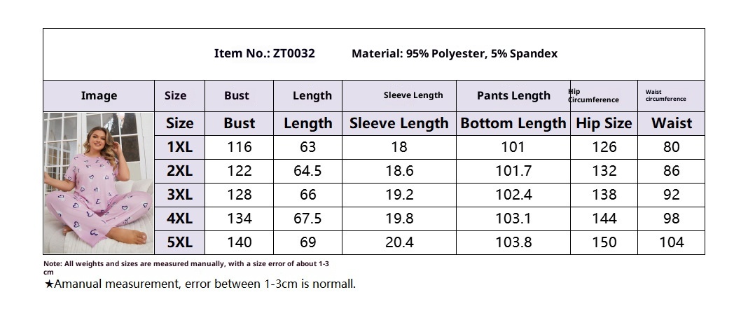ChicShe Cross-Border Autumn Winter Plus Size Women's Pajamas Heart Print Round Neck Short Sleeve Long Pants European American_voghion.com
