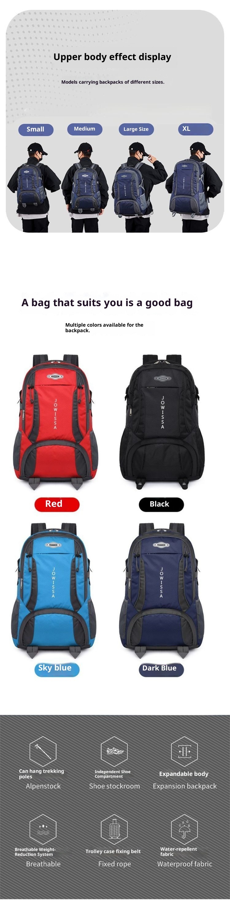 ActiveGo Outdoor Travel Backpack Men's Large Capacity Waterproof Hiking Business Trip Work Luggage Denim Gym Bag_voghion.com