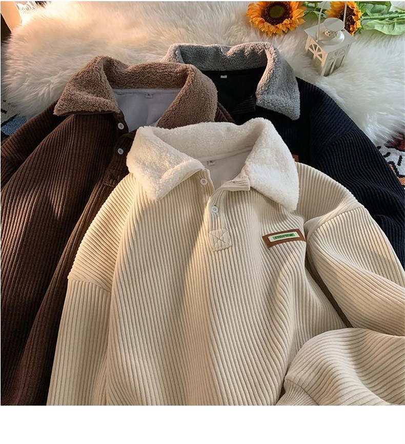 Cord-Sweatshirt mit Polokragen für Jungen, Herren-Herbstjacke und gefütterte, dicke Lammwolljacke, Winterjacke für Paare im Hongkong-Stil_voghion.com