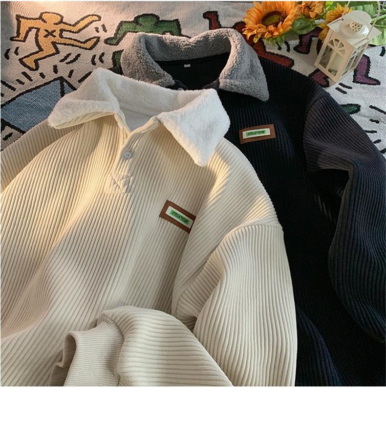 Cord-Sweatshirt mit Polokragen für Jungen, Herren-Herbstjacke und gefütterte, dicke Lammwolljacke, Winterjacke für Paare im Hongkong-Stil_voghion.com