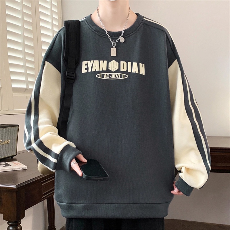 boy New Casual Sweatshirt For Men, Autumn And Winter Trendy Fashion Versatile Color Block Plus Size Round Neck Long Sleeve_voghion.com
