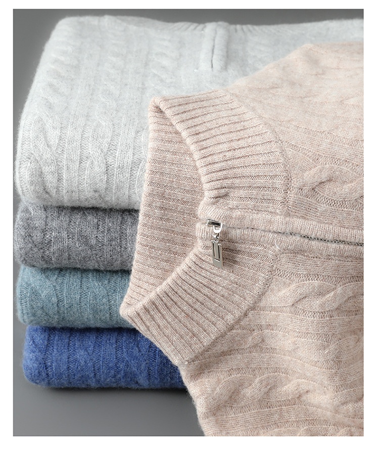 boy Autumn Winter New 100% Pure Wool Men's Half Turtleneck Zipper Thickened Cable Knit Casual Loose Cashmere Sweater_voghion.com