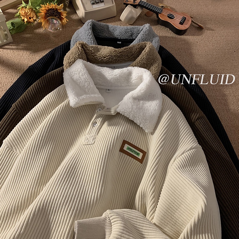 Cord-Sweatshirt mit Polokragen für Jungen, Herren-Herbstjacke und gefütterte, dicke Lammwolljacke, Winterjacke für Paare im Hongkong-Stil_voghion.com