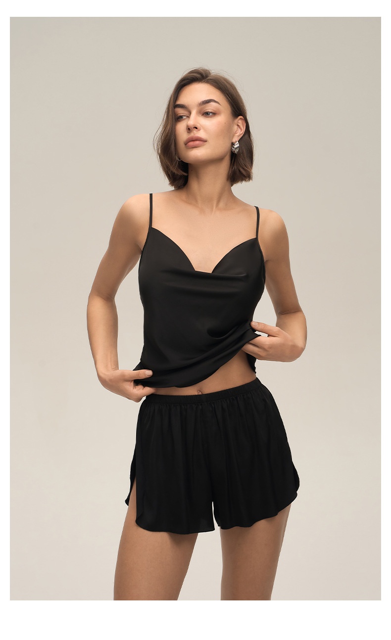 ChicShe New European And American Cross-Border Women's Sexy Solid Color Swing Neck Strap Shorts Set Simple Casual Homewear_voghion.com