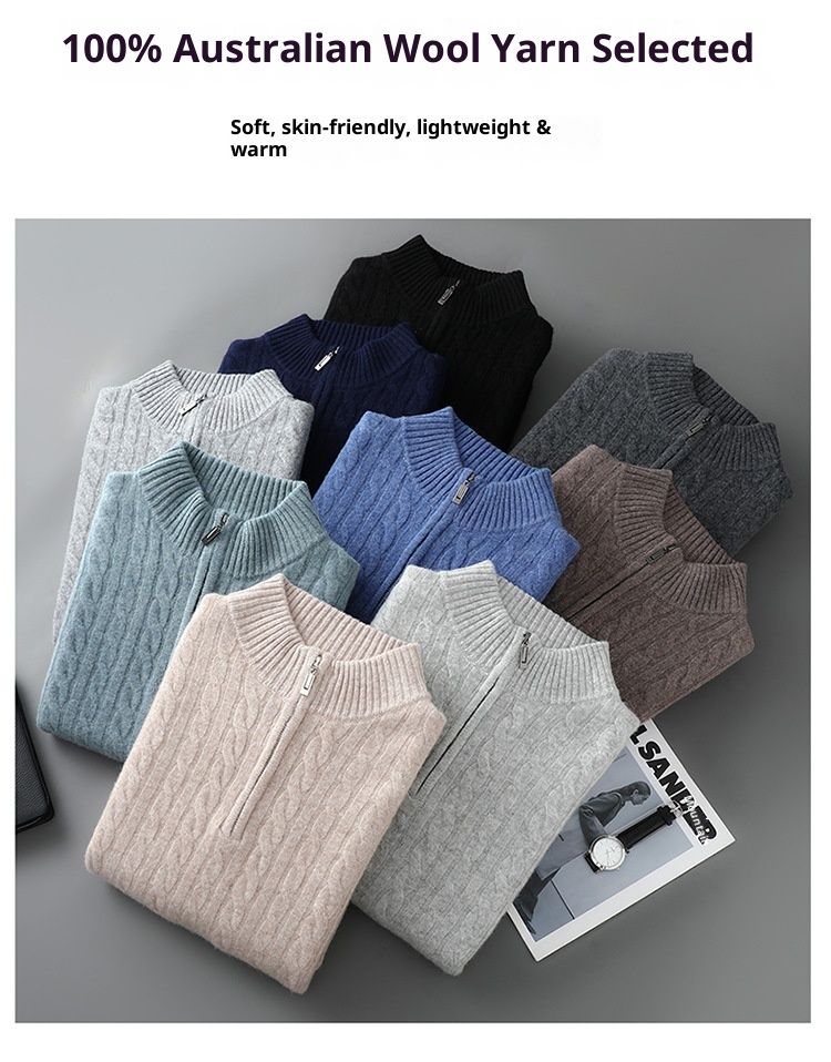 boy Autumn Winter New 100% Pure Wool Men's Half Turtleneck Zipper Thickened Cable Knit Casual Loose Cashmere Sweater_voghion.com
