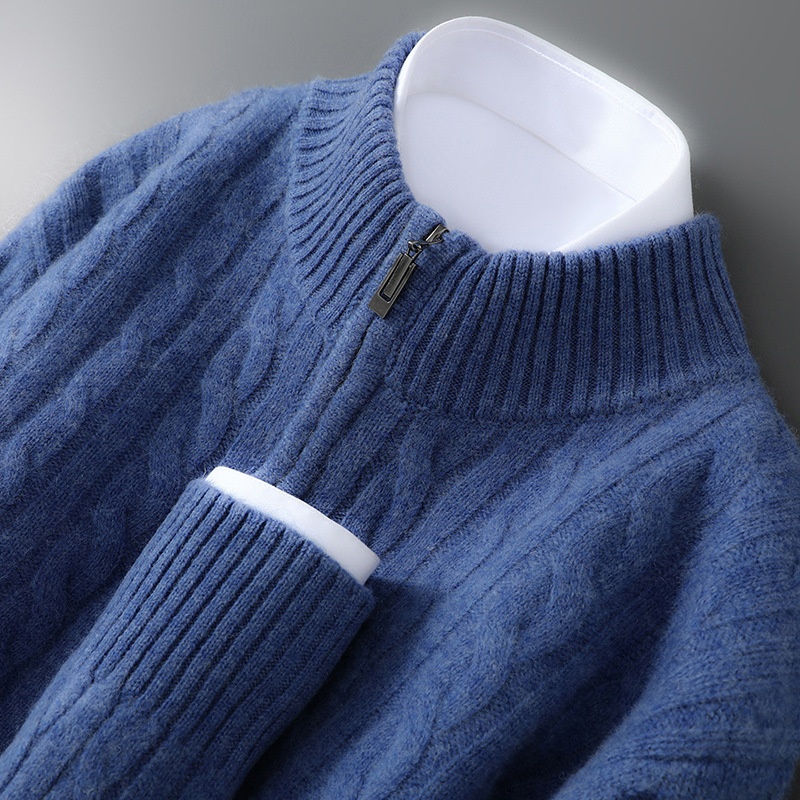 boy Autumn Winter New 100% Pure Wool Men's Half Turtleneck Zipper Thickened Cable Knit Casual Loose Cashmere Sweater_voghion.com