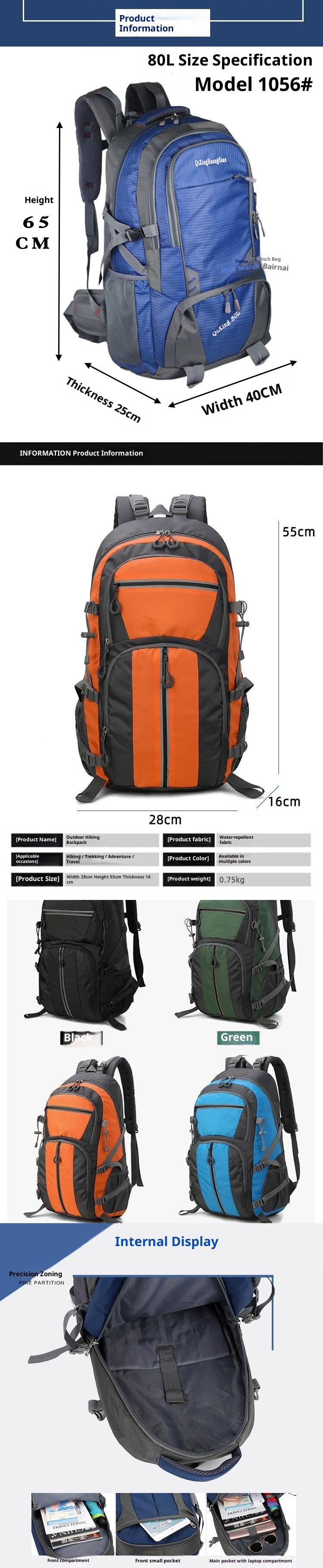 Sac à dos de sport ActiveGo 60L/70L grande capacité pour hommes et femmes, idéal pour les voyages, les études et les courts séjours. Convient également aux femmes._voghion.com