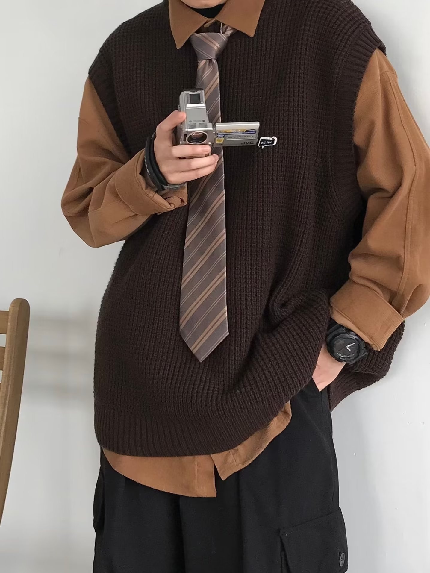 Maglione girocollo unisex in stile college, stile retrò giapponese, autunno inverno, senza maniche, in tinta unita, lavorato a maglia_voghion.com