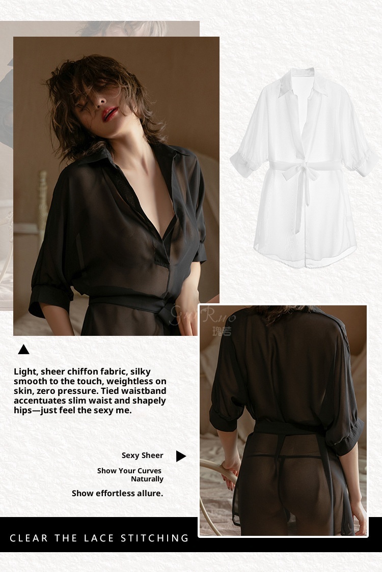 ChicShe Guiruo Brand European And American Spring Summer Sexy Deep V Chiffon See-through Temptation Nightdress Lace-up Shirt_voghion.com