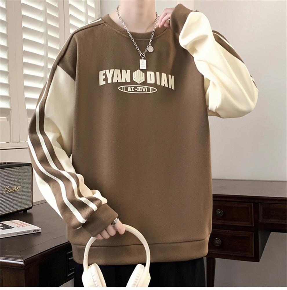 boy New Casual Sweatshirt For Men, Autumn And Winter Trendy Fashion Versatile Color Block Plus Size Round Neck Long Sleeve_voghion.com