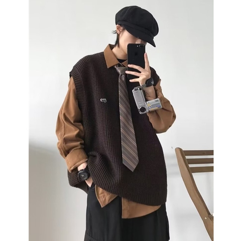 Maglione girocollo unisex in stile college, stile retrò giapponese, autunno inverno, senza maniche, in tinta unita, lavorato a maglia_voghion.com