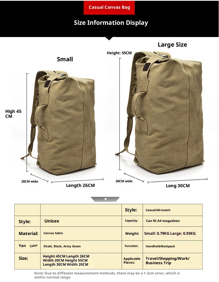 Sac à dos ActiveGo Canvas pour homme, sac seau de voyage et de sport en extérieur, grande capacité, idéal pour la randonnée et le sport._voghion.com