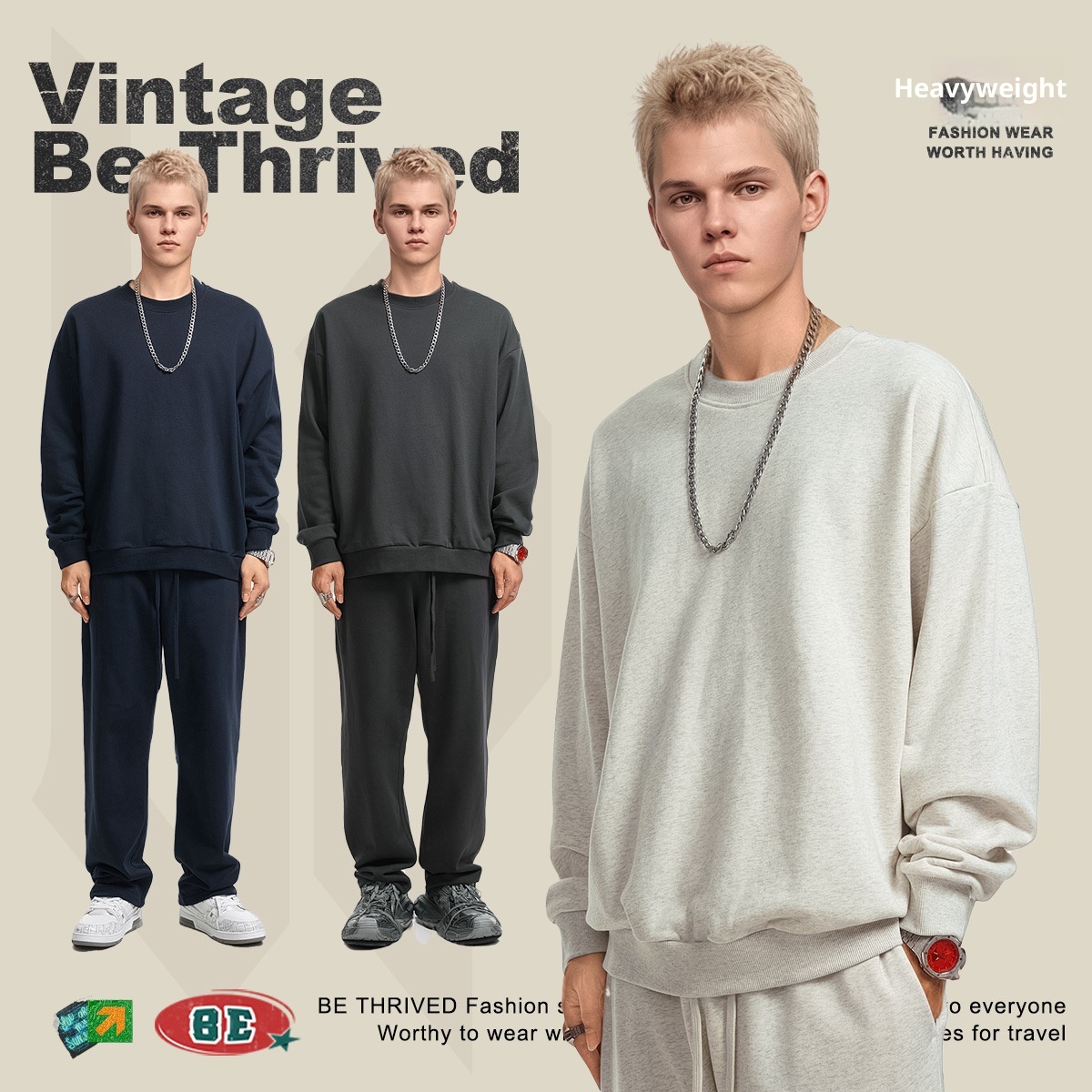 ragazzo BE Abbigliamento Uomo | Felpa in spugna tinta unita versatile personalizzata alla moda in stile americano autunno inverno 2025 e_voghion.com