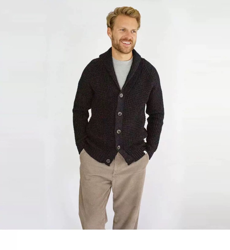 boy OKONKWO Extra Thick Raglan Sleeve Waffle Pattern Wool Cardigan Coat Turn-Down Collar Sweater_voghion.com