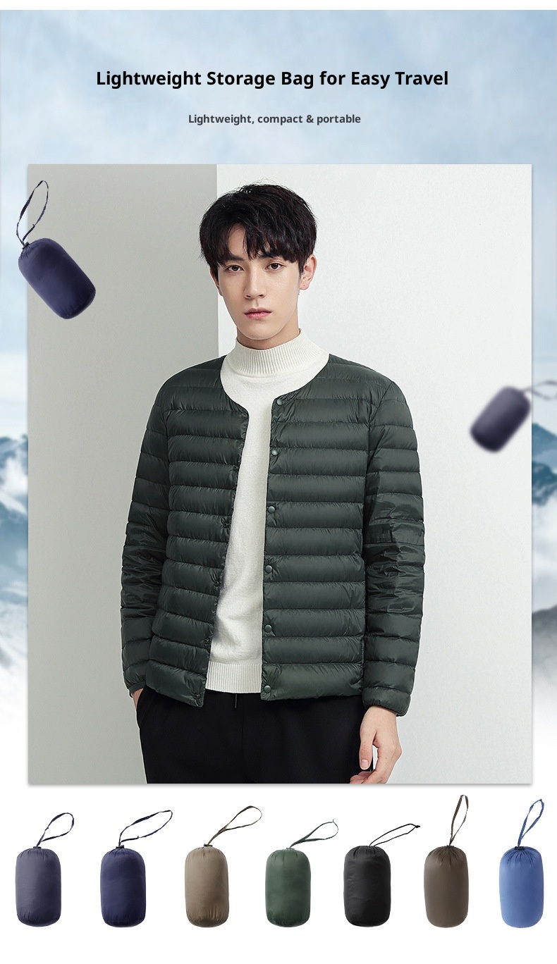 boy Lightweight Jacket Men's Short Style Autumn Winter New Collarless Liner Plus Size Inner Wear Base Layer Round Neck White_voghion.com