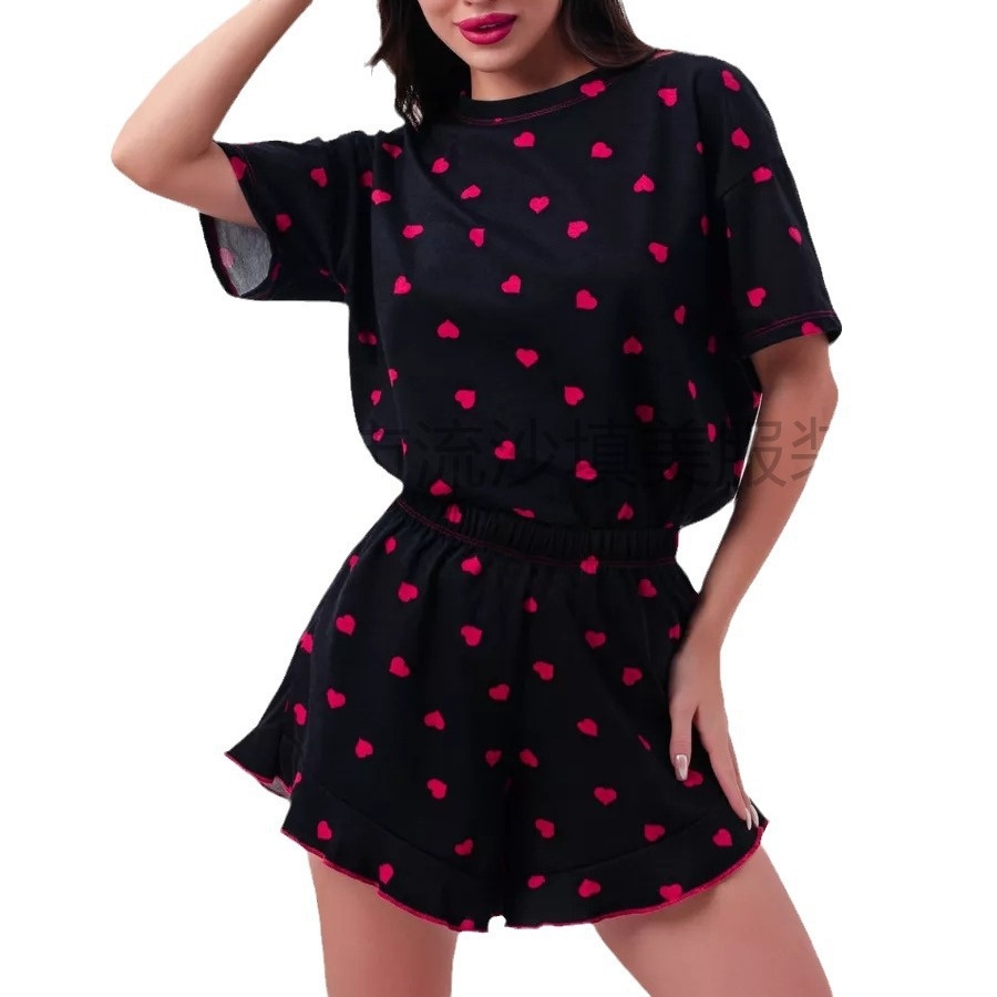 ChicShe European And American Spring New Cross-Border Heart Print Round Neck Short Sleeve Shorts Women's Homewear Pajamas_voghion.com