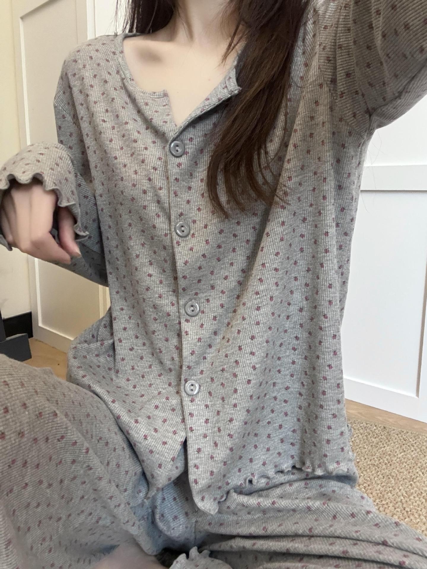 Pigiama da donna in puro cotone, delicato sulla pelle, con stampa floreale in stile coreano ChicShe, cardigan lungo primaverile e autunnale_voghion.com