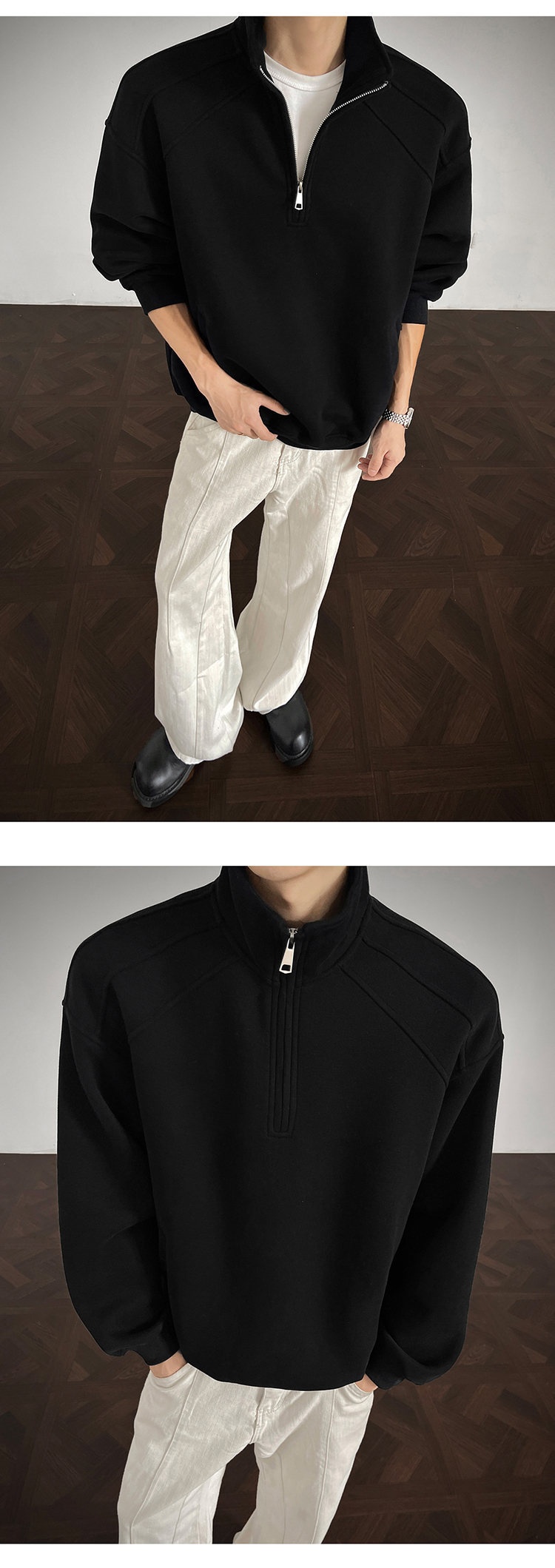 Herren-Sweatshirt im amerikanischen Retro-Stil mit halbem Reißverschluss und Stehkragen, locker geschnitten, Herbst 2025, Modell Heavy Loose Couple Jacket_voghion.com