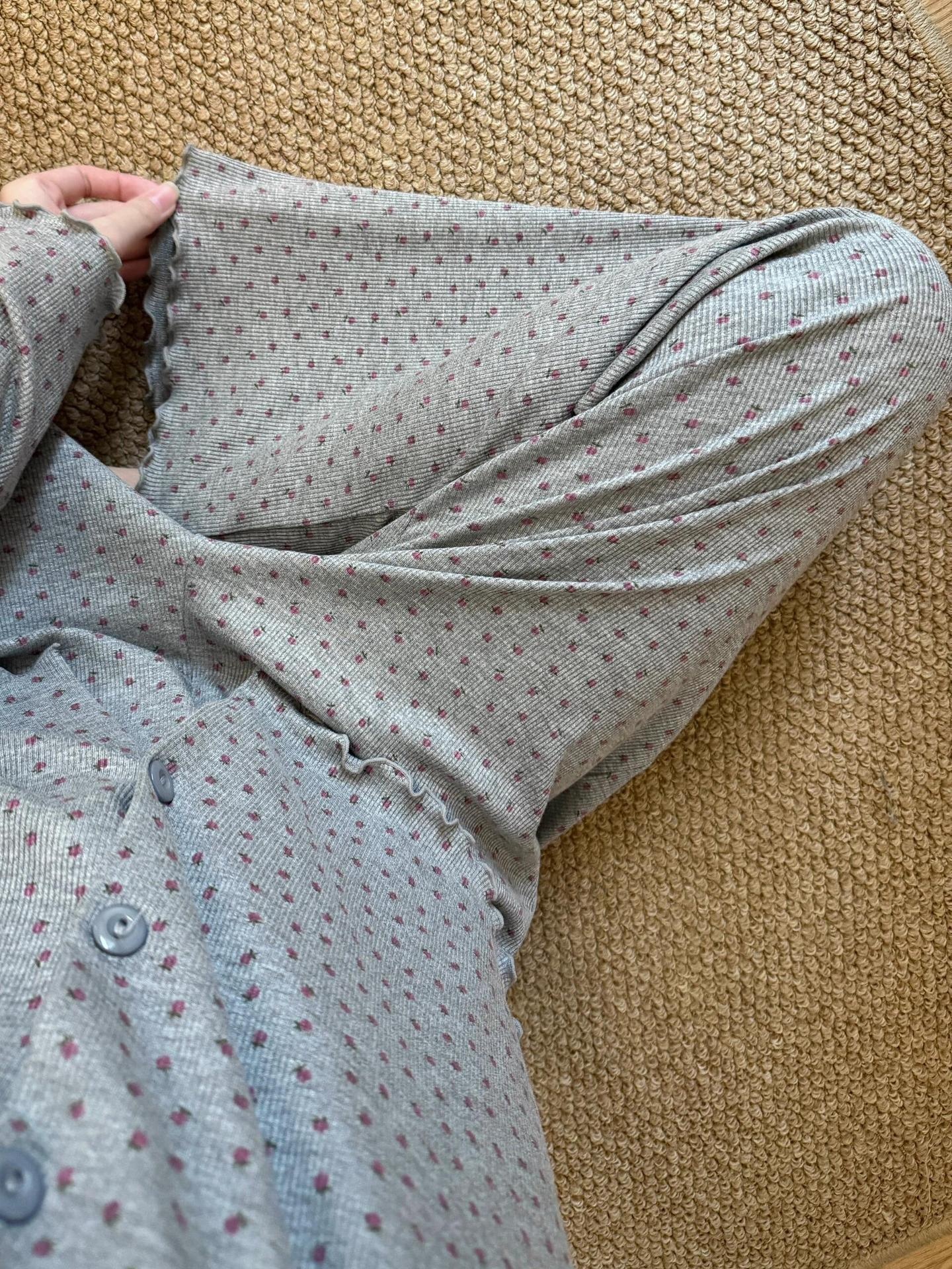 Pigiama da donna in puro cotone, delicato sulla pelle, con stampa floreale in stile coreano ChicShe, cardigan lungo primaverile e autunnale_voghion.com