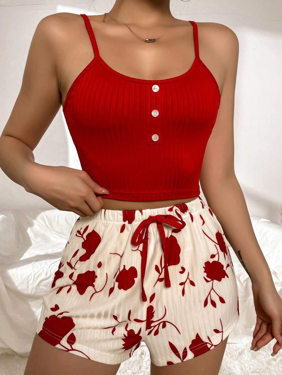 ChicShe Women's Homewear Printed Camisole Shorts Casual Sexy Ribbed Wearable European And American Style Pajamas Comfortable_voghion.com