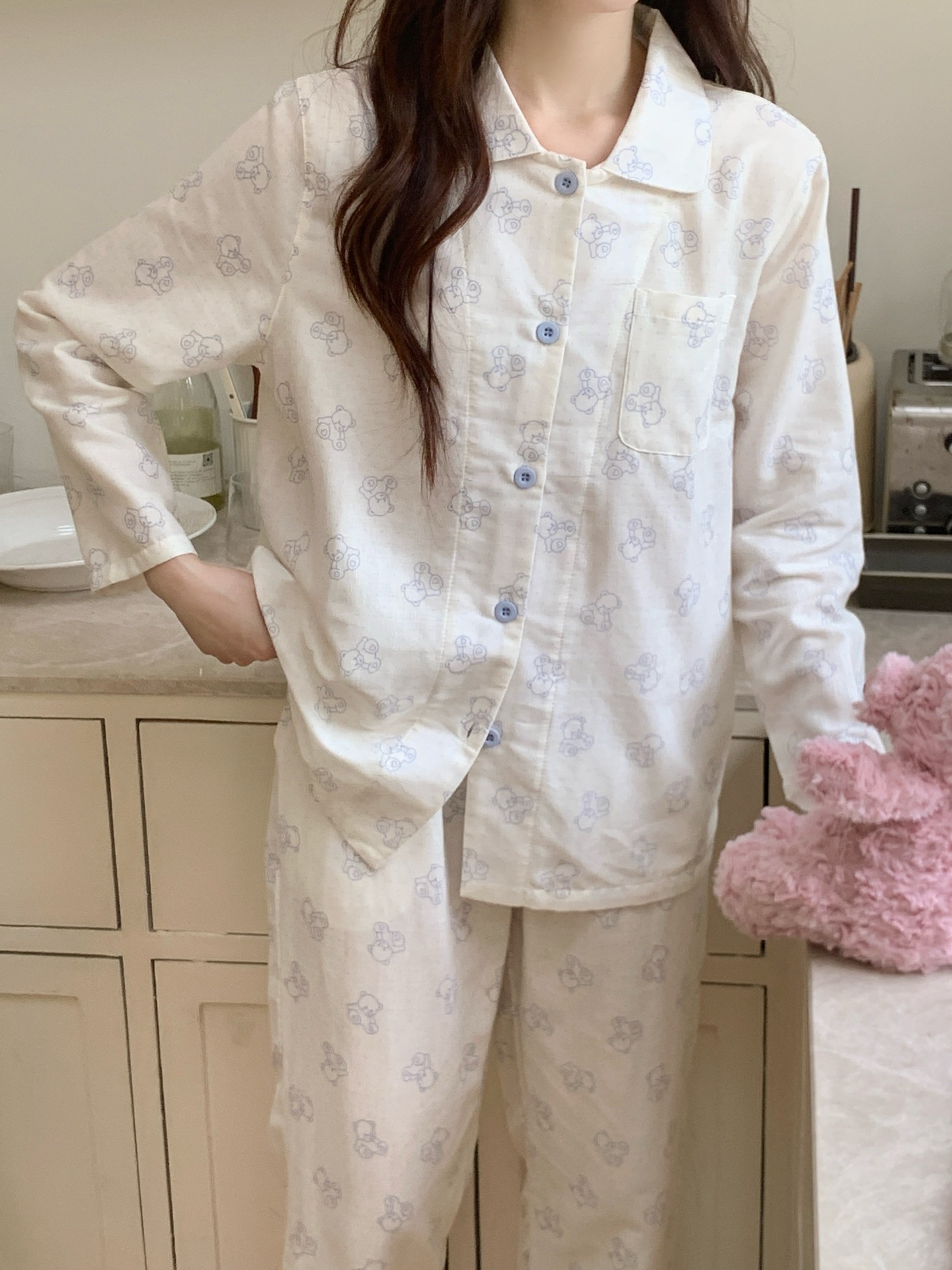 ChicShe CCTV Broadcast Classe A Pigiama a doppio strato Abbigliamento da casa in garza di puro cotone Pantaloni lunghi a maniche lunghe Ragazza carina_voghion.com