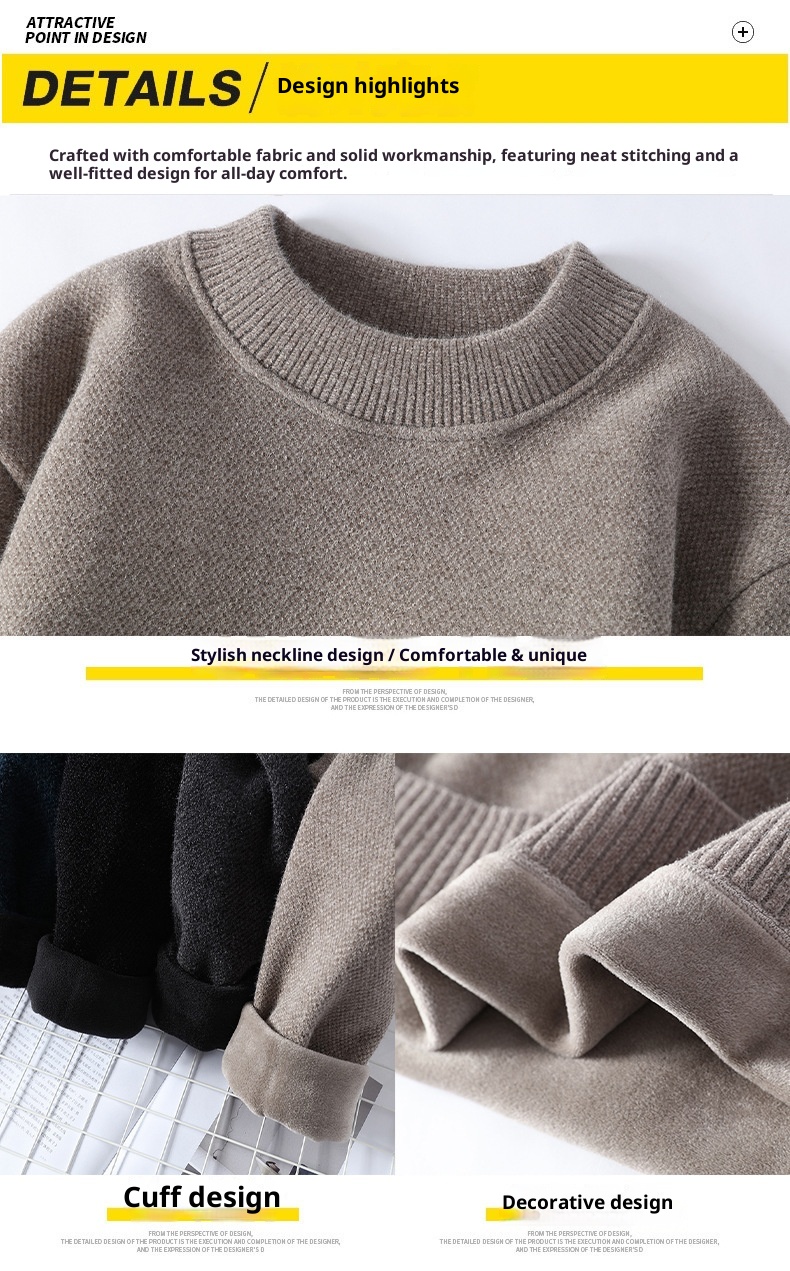 Maglione a collo alto da uomo all'ingrosso, foderato in pile, spesso, tinta unita, vestibilità ampia, casual, pile integrato, caldo_voghion.com