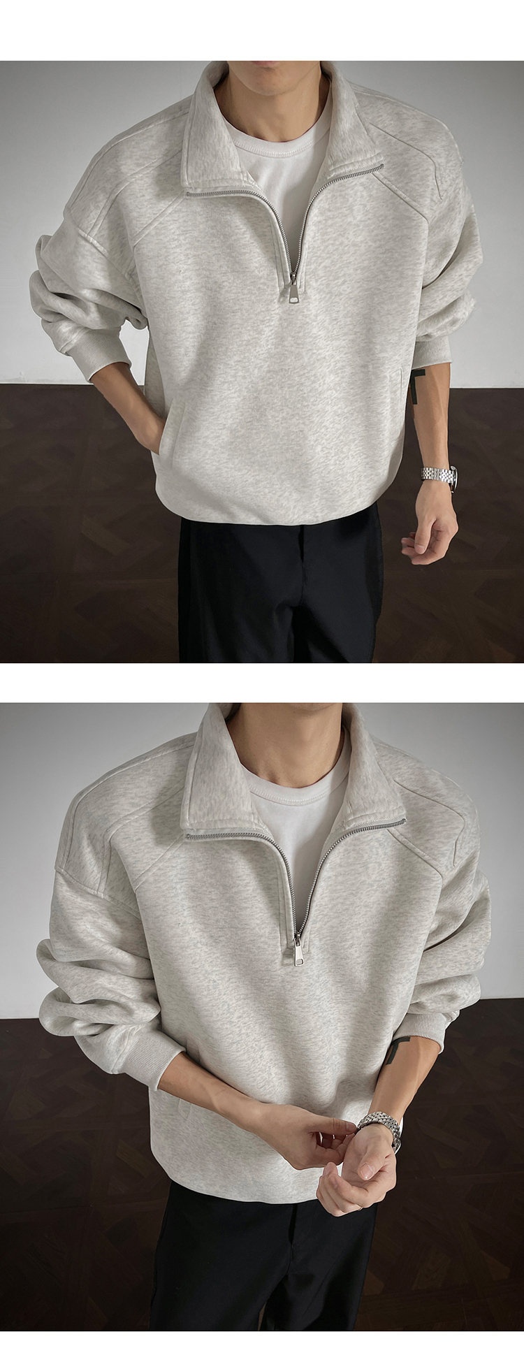 Herren-Sweatshirt im amerikanischen Retro-Stil mit halbem Reißverschluss und Stehkragen, locker geschnitten, Herbst 2025, Modell Heavy Loose Couple Jacket_voghion.com