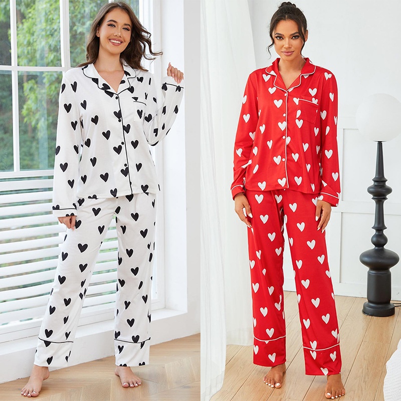 ChicShe European American Cross-Border Women's Pajamas Autumn Winter Heart Print Long Sleeve Shirt And Pants Two-Piece_voghion.com