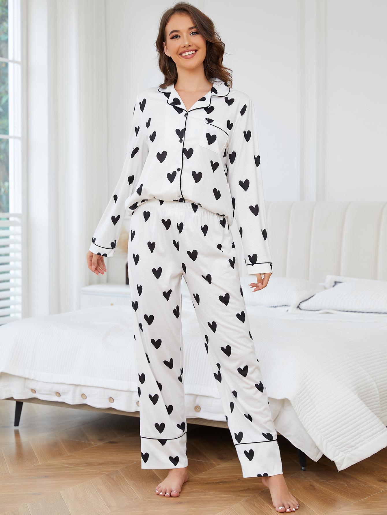 ChicShe European American Cross-Border Women's Pajamas Autumn Winter Heart Print Long Sleeve Shirt And Pants Two-Piece_voghion.com