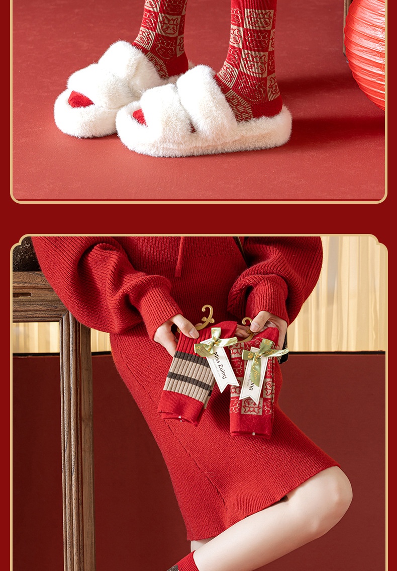 Lillian Damen Herbst Winter Wadenlange Kaschmir-Weihnachtssocken Sternzeichen Trend Rote Wollsocken_voghion.com