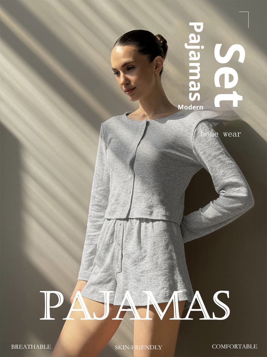 ChicShe Cross-Border Gray Long-Sleeve Shorts Pajama Set European And American 2025 Spring New Knitted Pajamas Export Home Wear_voghion.com